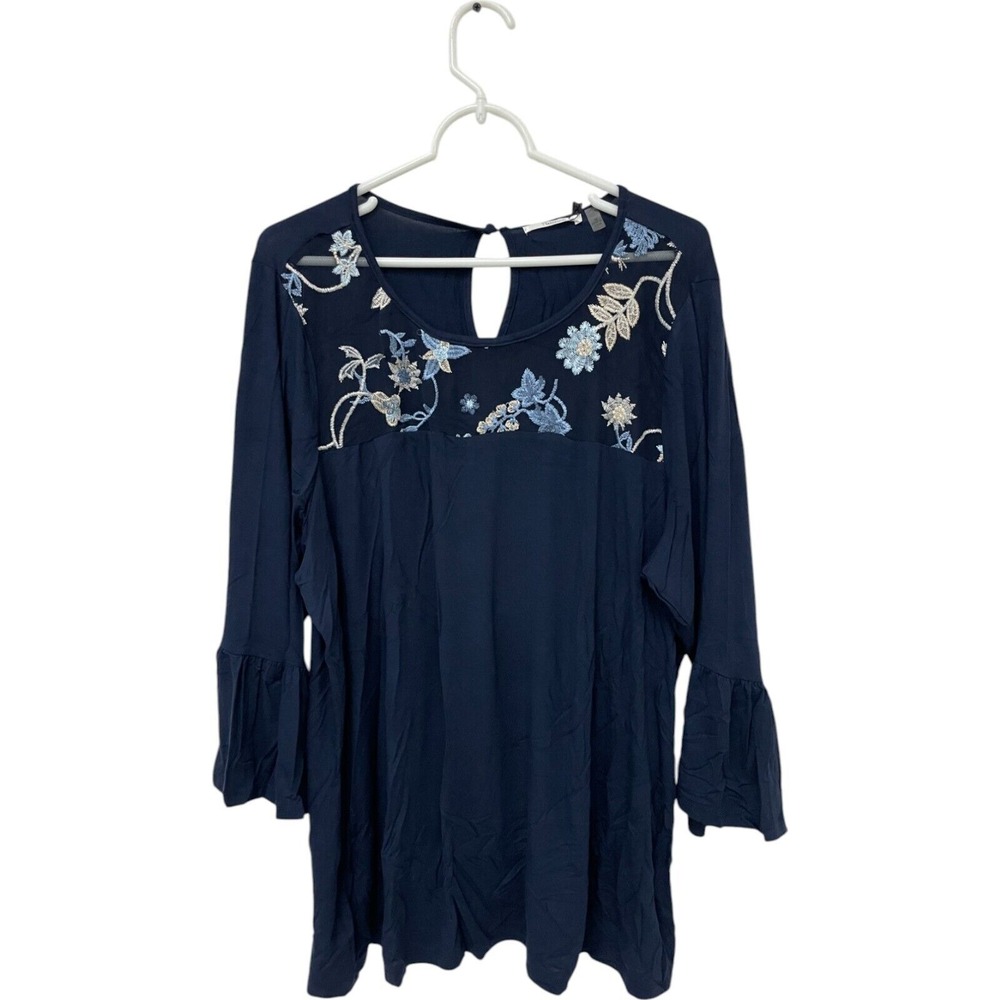 Embroidered‎ Floral Bell Sleeve Blouse Top Blue 1X Fairycore Boho Cottagecore